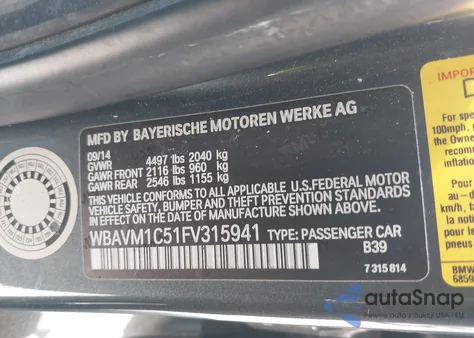 2015 BMW X1 Sdrive28I z USA, uszkodzony, nr VIN WBAVM1C51FV315941